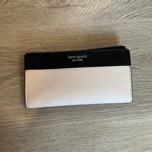 Kate Spade Cameron Leather Large Slim Wallet in Warm Beige Black - Picture 1 of 6